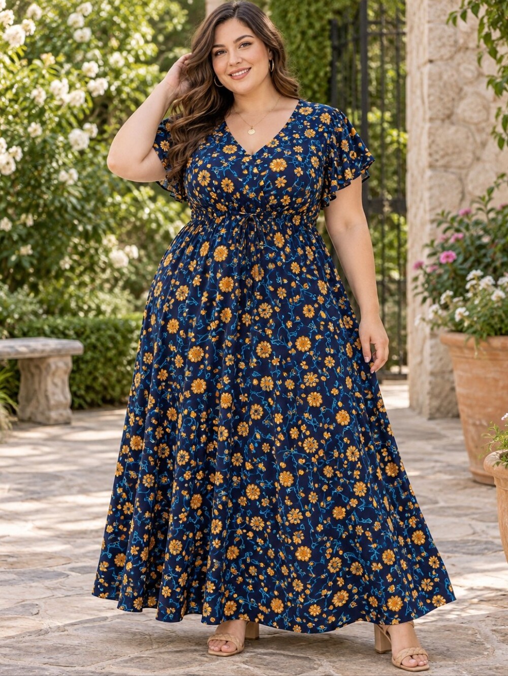 Plus Size 1X Navy Floral V-Neck Maxi Dress Rusttydustty Modern Bohemia Crush NWT